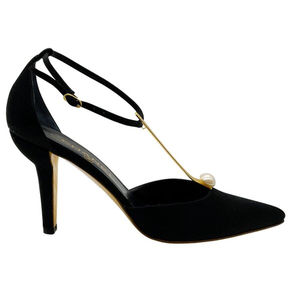 Chanel Vintage Black Satin Gold T Strap Pumps with Pearl - Picture 2 of 6